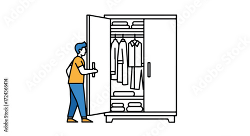 Man Inspecting Clothing in Organized Wardrobe with Shirts and Towels on Shelves Illustration