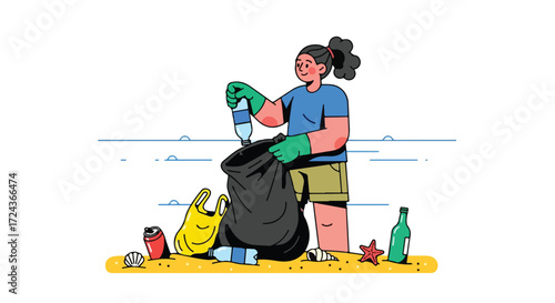 Illustrated volunteer cleaning up plastic waste on a beach to protect coastal wildlife from pollution and conserve marine life habitats and ocean