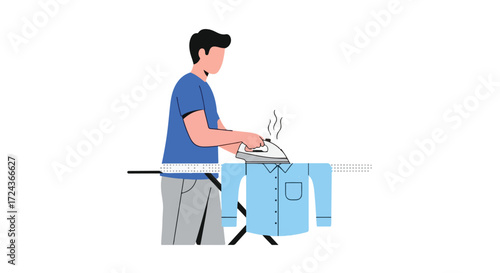 Man meticulously ironing a light blue shirt on an ironing board illustration displaying domestic chore task in minimalist style