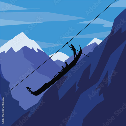 Silhouetted gondola ascends mountain via cable, blue tones