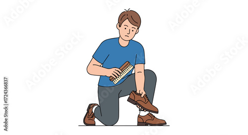 Diligent Shoe Care: Man Brushing Leather Footwear to Preserve Quality and Extend Lifespan with Brush Tool for Impeccable Style