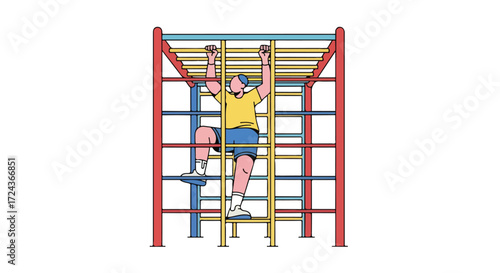 Person on Colorful Monkey Bars Illustration Showcasing Strength and Playful Activity, Representing Fitness and Childhood Games in an Illustrated Style