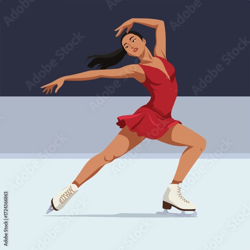 Ice skater in a red dress performing a spin on an ice rink, arms gracefully raised