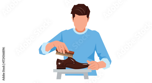 A stylized illustration depicting a man meticulously shining a brown leather shoe using a brush on a plain white background