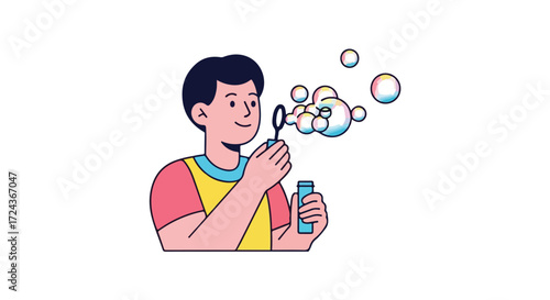 Delightful depiction of a young man joyfully blowing iridescent soap bubbles on a clean white backdrop capturing moments of playful childhood