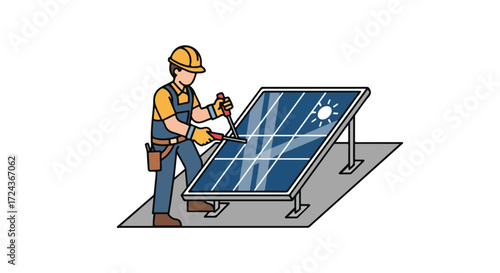 Sketched technician adjusting or repairing solar panel, promoting renewable energy sources with illustrative style for clean sustainable power