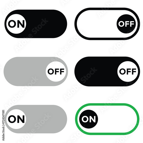 on off button icon set vector, Switch on switch off icon. On and off toggle switch button. Vector illustration 