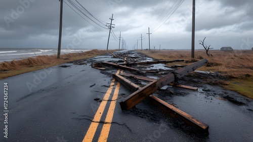 Storm damaged coastal road with scattered debris broken utility poles and high waves under an overcast sky