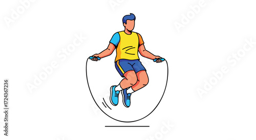 Athletic character exercising with jump rope on white background, illustrating cardiovascular fitness and healthy habits to burn calories and