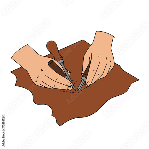 Two hands cutting leather piece with sharp tools, following dashed line