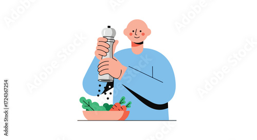 Illustrative character seasoning a salad with a pepper grinder, promoting healthy eating and culinary enthusiasm at home and highlighting wellness