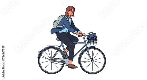 Woman commutes to work riding a bicycle with a backpack, showcasing eco-friendly transportation and a healthy lifestyle, offering a sustainable