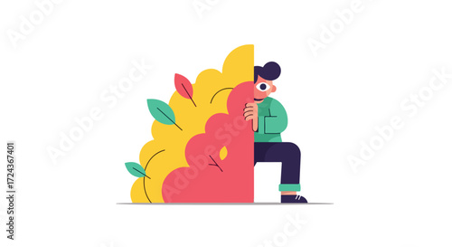 Cartoon character peeking from behind an abstract geometric shape with vibrant foliage accents in a playful and quirky design