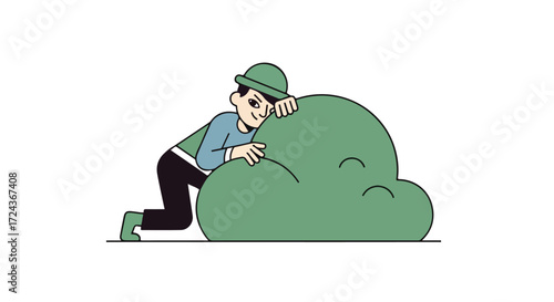 Cartoon illustration of a person leaning against a stylized bush with a curious and slightly mischievous expression on their face