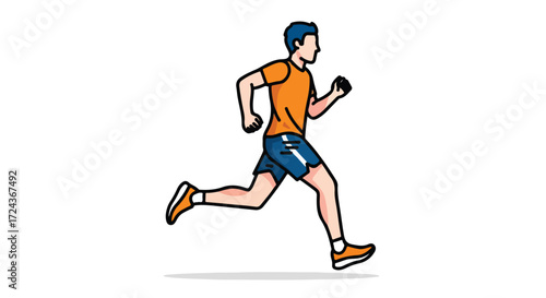Dynamic cartoon illustration of a running man exercising for sport and fitness with blue hair and orange shirt