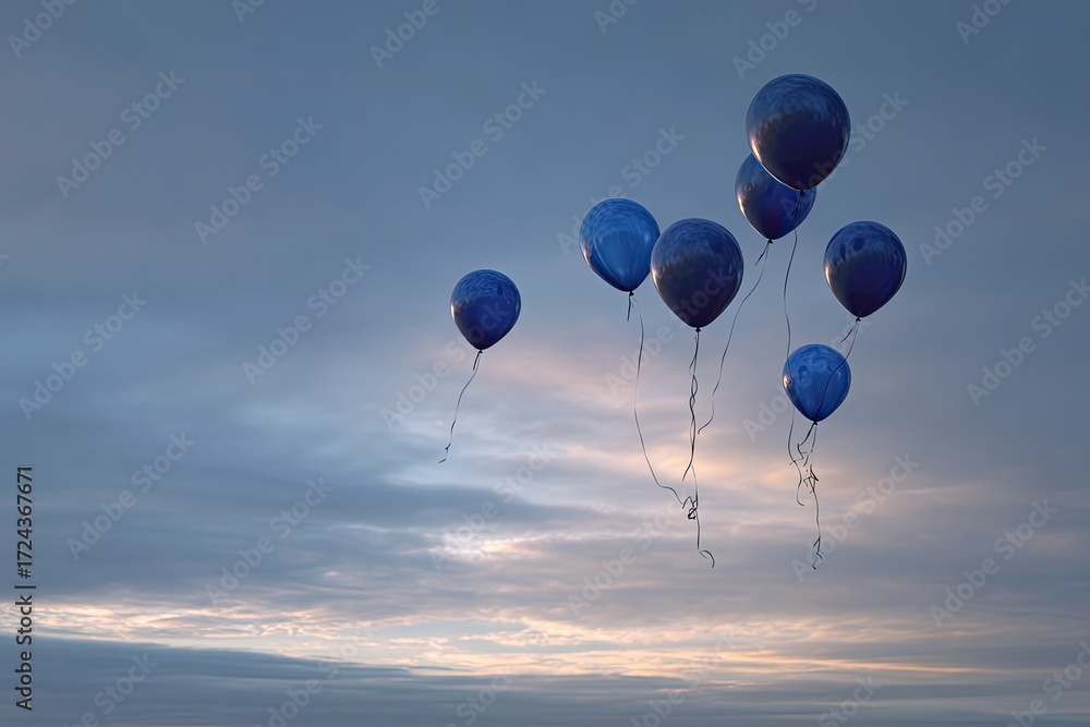 Obraz premium Several dark blue balloons floating in a soft, cloudy sky at dawn or dusk