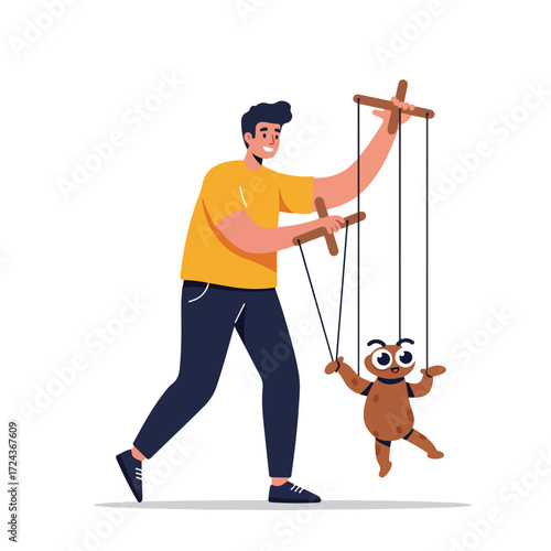 Smiling man operates a marionette