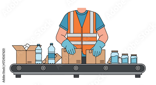 Illustration of worker in safety vest packing boxes and bottles on conveyor belt for distribution or recycling process line