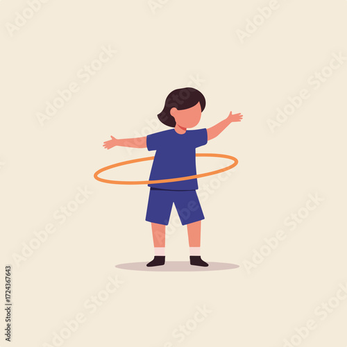 Child hula-hooping, arms outstretched, blue shirt, shorts, peach background
