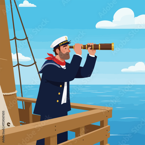 Sailor on ship deck looking through spyglass, ocean and sky visible