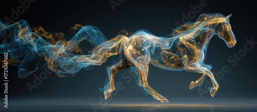Abstract horse in motion, composed of flowing particles in blue and gold