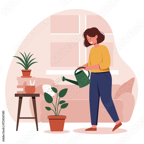 Woman watering a houseplant indoors with watering can, near stool and window