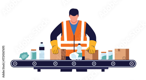 Recycling sorter worker on conveyor belt separating waste in a sorting facility for reuse and environmentally responsible waste management