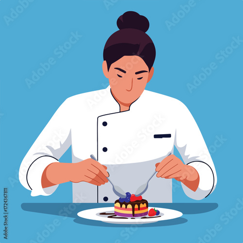 Chef prepares colorful layered cake with berries and chocolate, using two spoons