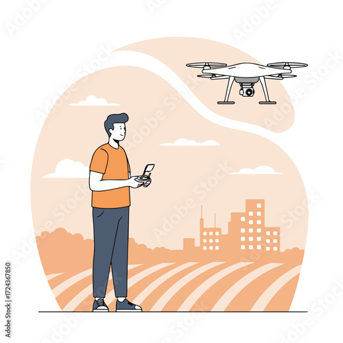 Man operating a drone over fields with city backdrop; simple illustration