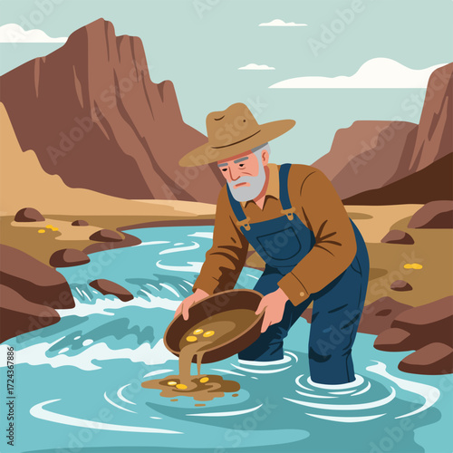 Old gold prospector panning for gold in a river with mountains