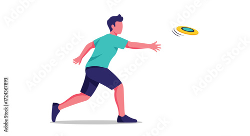 Dynamic flat illustration of a person throwing a frisbee with an active running stance and isolated background ideal for sport
