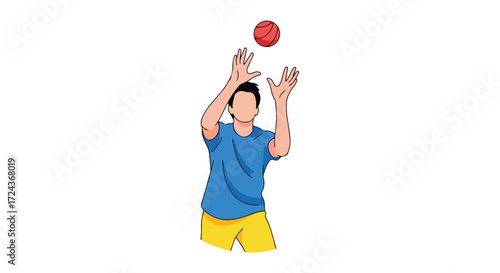 Cartoon illustration of a sportsman reaching for a thrown red ball in an athletic pose with focus and determination against a white background