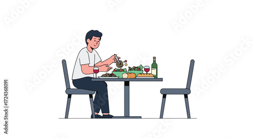 Person enjoying a solitary meal with pasta salad wine and bread in a clean minimalist design setting illustrating a modern lifestyle