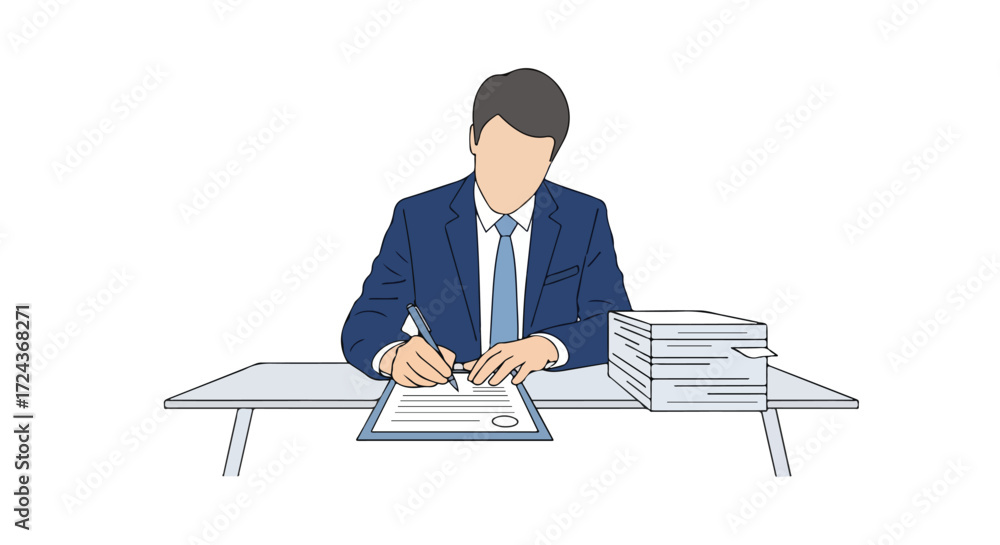 Fototapeta premium Executive signing legal document at office desk with paperwork represents agreement and business commitment