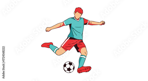Dynamic soccer player illustration executing a powerful kick on white background showcases athleticism and sportsmanship with vibrant colors and