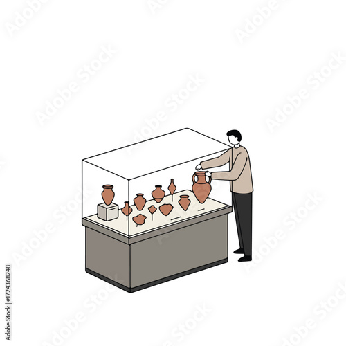 Man places vase inside a museum display case of ancient pottery