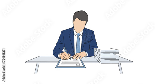 Executive signing legal document at office desk with paperwork represents agreement and business commitment