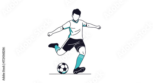 Dynamic vector illustration showcasing a faceless soccer player kicking a ball with precision and focus on a pristine white backdrop