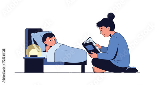 Cozy bedtime ritual: A heartwarming illustration of a mother reading to her child before sleep fostering bonding and imagination in a tranquil
