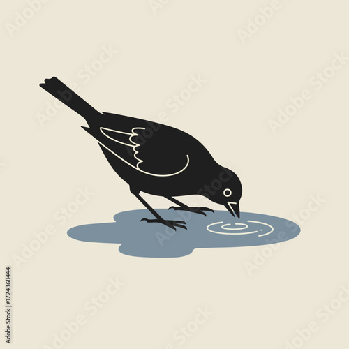 Black bird drinking from water puddle, stylized, in neutral beige background