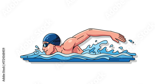 Depiction of a swimmer performing the crawl stroke in vibrant blue water showcasing determination and athleticism with focus and skill depicted in