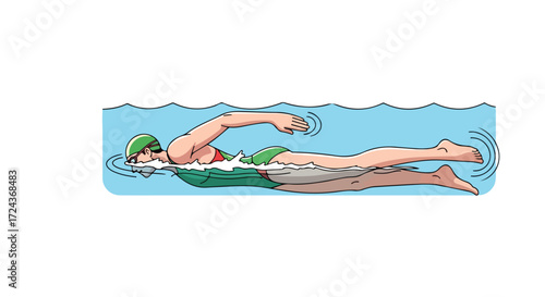 Illustration depicting a swimmer demonstrating a freestyle stroke in clear blue water with visible ripples and motion creating dynamic movement