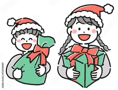 クリスマスプレゼントを持った子供たちのイラスト	
