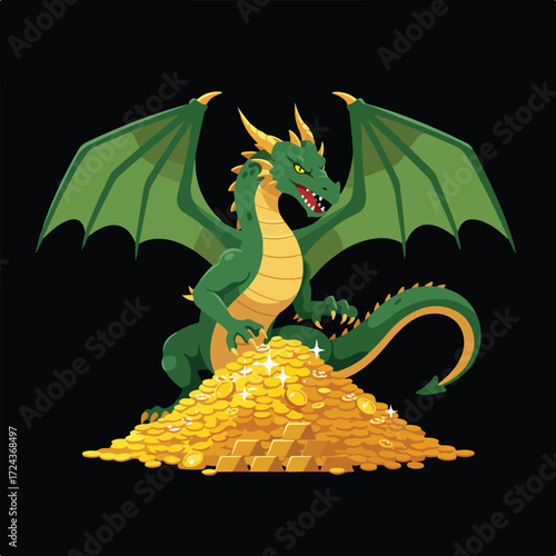 Cartoon green dragon perched on treasure hoard with gold coins and bars
