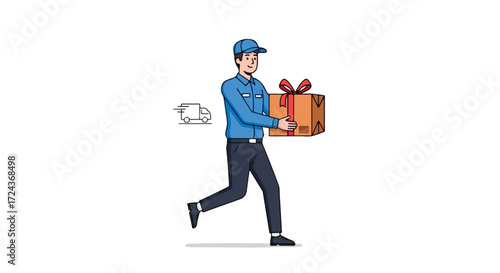 Speedy gift delivery illustration featuring a courier running with a wrapped package, conveying efficient shipping and service efficiency