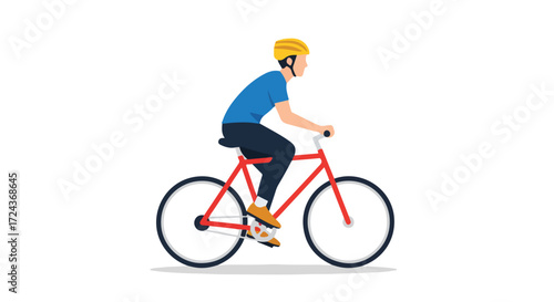 Simple vector graphic showcasing a cyclist in motion, wearing a helmet and riding a red bicycle on a plain background