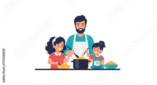 Delightful family bonding moment: A father and his daughters joyfully cooking together in a minimalistic illustration