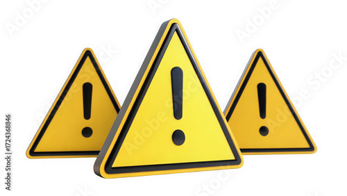 Three yellow warning signs with exclamation marks isolated on transparent background