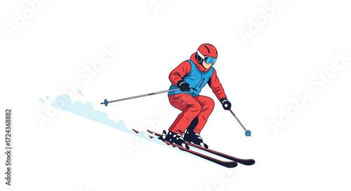 Cartoon Illustration of a Skier in Action on the Slopes, Enjoying Winter Sport and Recreation with Speed, Skill and Precision