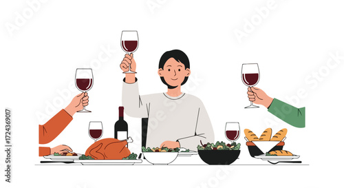 Festive gathering: An illustrated convivial dinner scene with wine toasts and culinary delights depicting a warm celebration moment